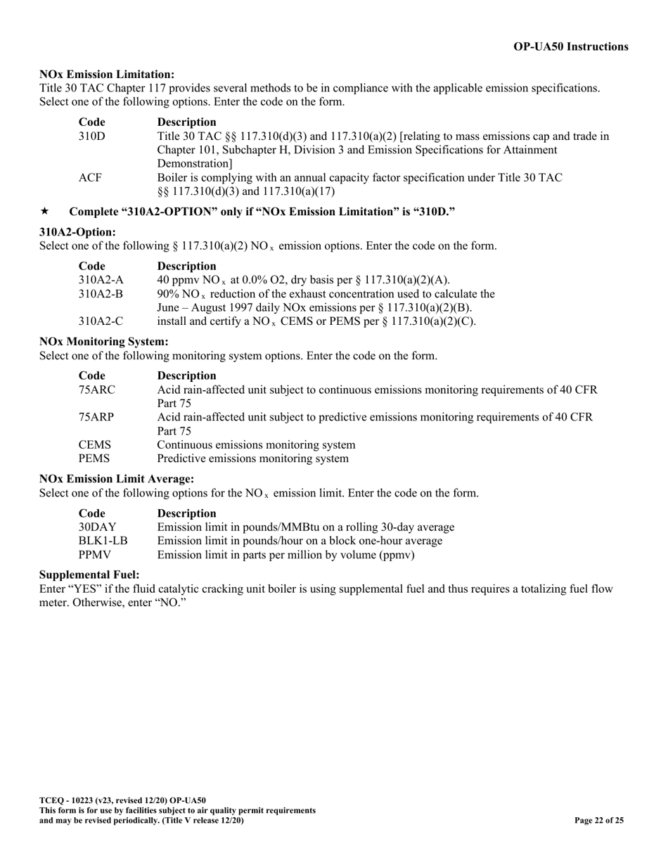 Form OP-UA50 (TCEQ-10223) Fluid Catalytic Cracking Unit Catalyst Regenerator / Fuel Gas Combustion Device / Claus Sulfur Recovery Plant / Coking Unit Attributes - Texas, Page 22