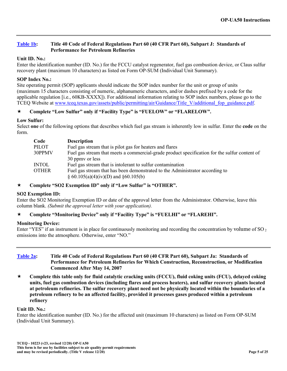 Form OP-UA50 (TCEQ-10223) Fluid Catalytic Cracking Unit Catalyst Regenerator / Fuel Gas Combustion Device / Claus Sulfur Recovery Plant / Coking Unit Attributes - Texas, Page 5