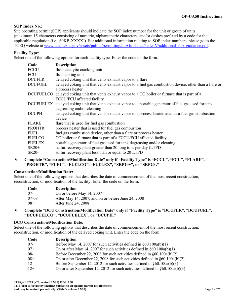 Form OP-UA50 (TCEQ-10223) Fluid Catalytic Cracking Unit Catalyst Regenerator / Fuel Gas Combustion Device / Claus Sulfur Recovery Plant / Coking Unit Attributes - Texas, Page 6