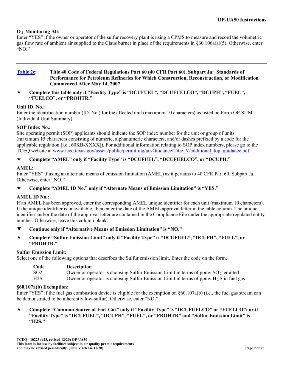 Form OP-UA50 (TCEQ-10223) Fluid Catalytic Cracking Unit Catalyst Regenerator / Fuel Gas Combustion Device / Claus Sulfur Recovery Plant / Coking Unit Attributes - Texas, Page 9