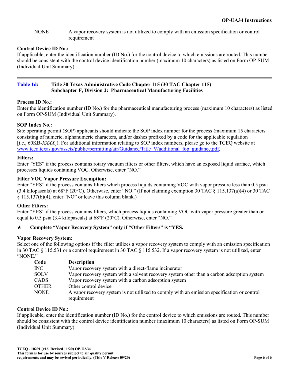 Form OP-UA34 (TCEQ-10291) Pharmaceutical Manufacturing Facility Attributes - Texas, Page 6