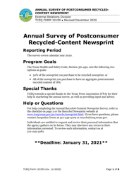 Document preview: Form TCEQ-10199 Annual Survey of Postconsumer Recycled-Content Newsprint - Texas, 2020