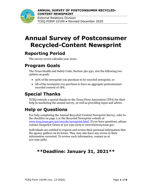 Form TCEQ-10199 Annual Survey of Postconsumer Recycled-Content Newsprint - Texas, 2020