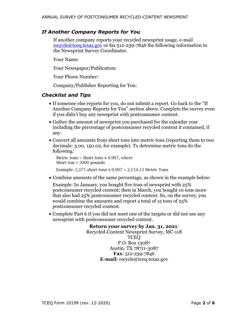 Form TCEQ-10199 Annual Survey of Postconsumer Recycled-Content Newsprint - Texas, Page 2