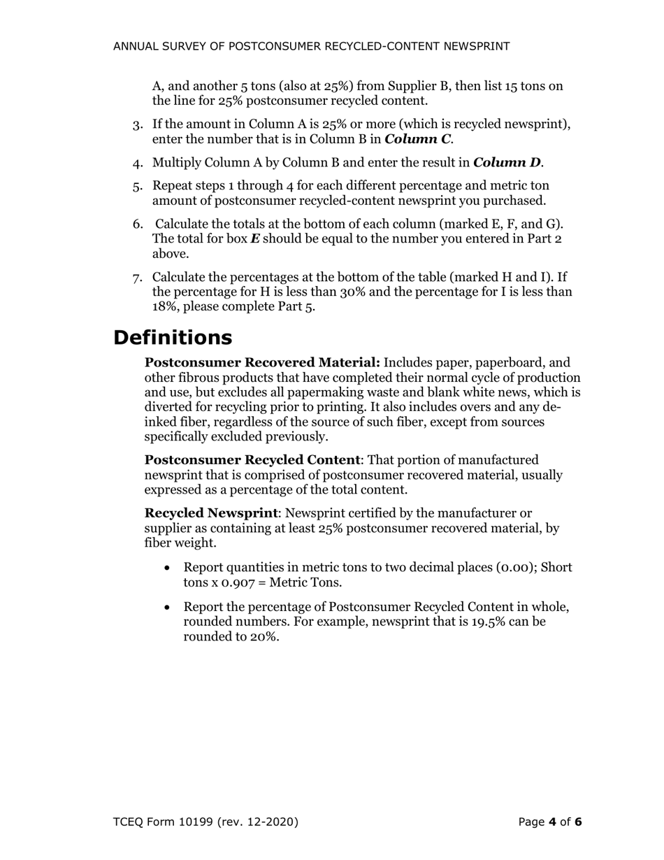 Form TCEQ-10199 Annual Survey of Postconsumer Recycled-Content Newsprint - Texas, Page 4