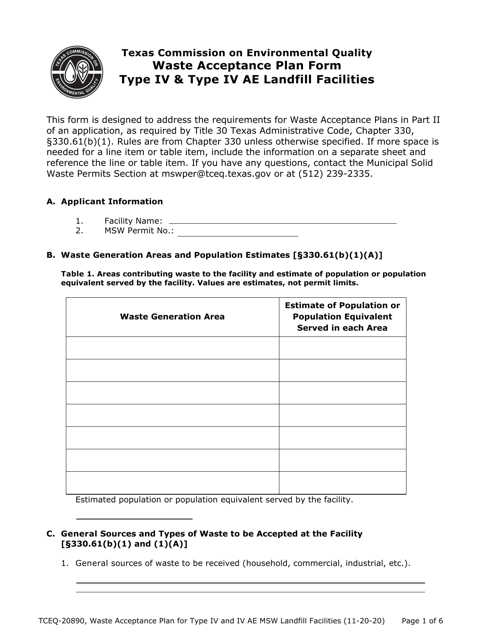 Form TCEQ-20890 Waste Acceptance Plan Form - Type IV & Type IV AE Landfill Facilities - Texas