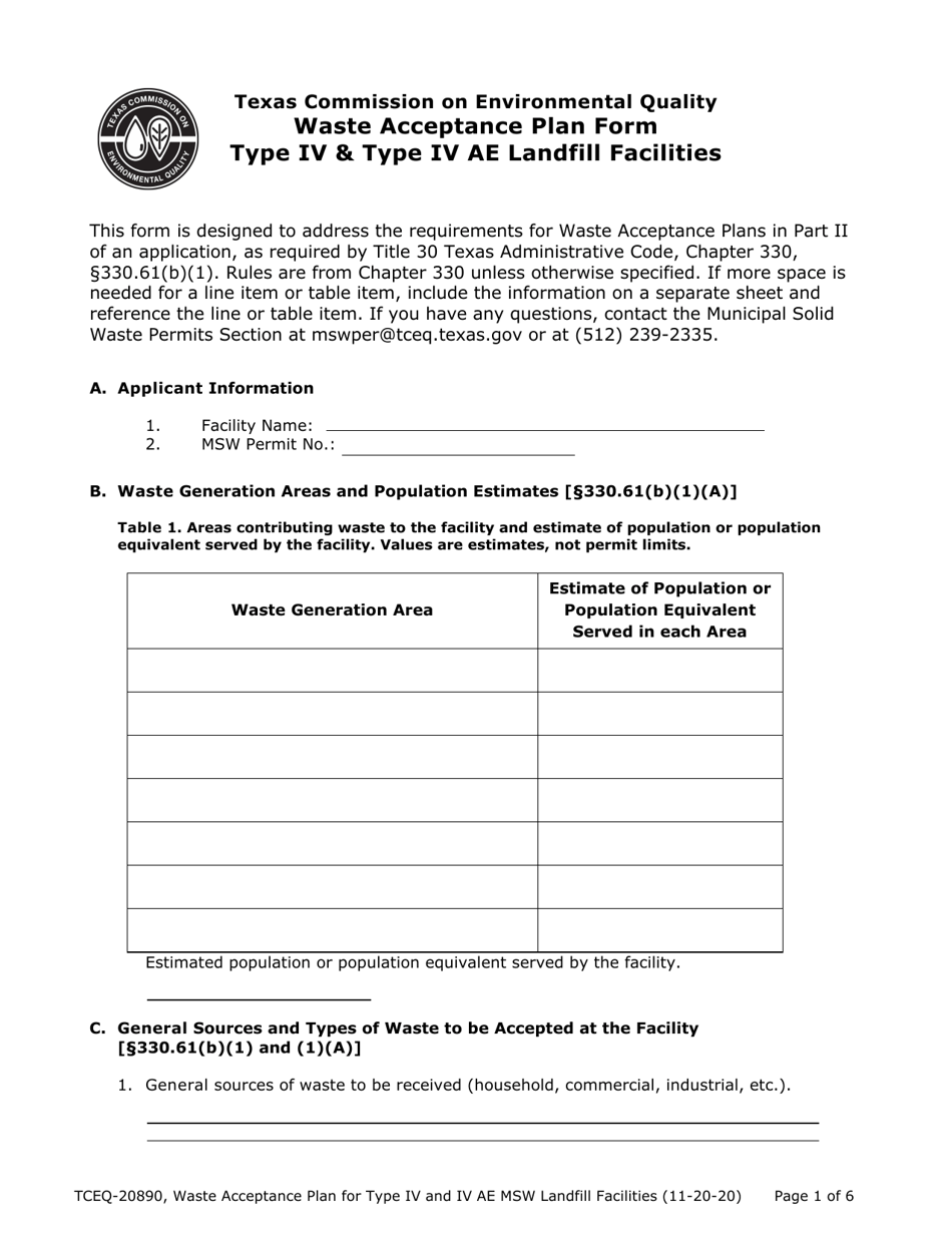 Form TCEQ-20890 Waste Acceptance Plan Form - Type IV  Type IV AE Landfill Facilities - Texas, Page 1