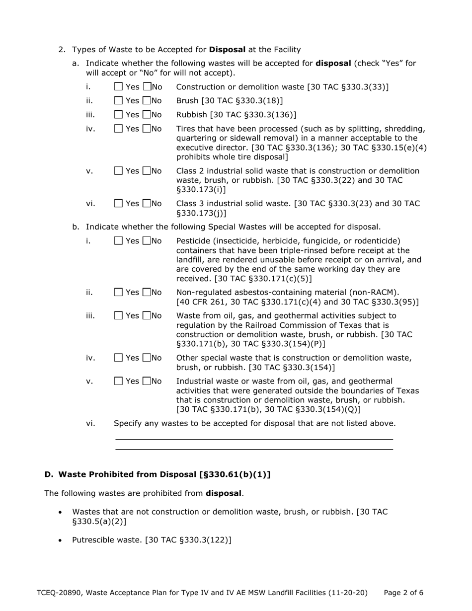 Form TCEQ-20890 Waste Acceptance Plan Form - Type IV  Type IV AE Landfill Facilities - Texas, Page 2