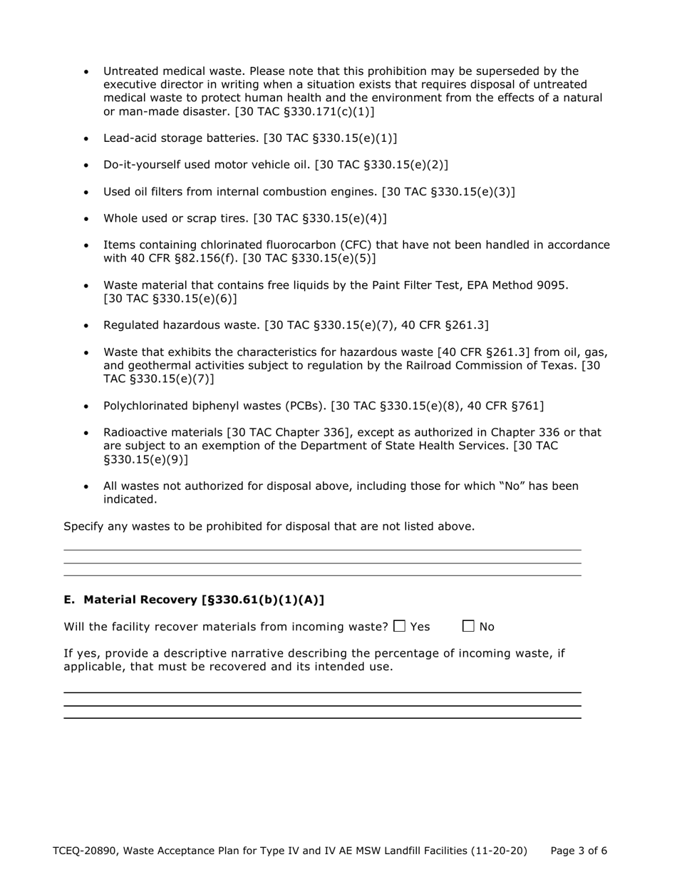 Form TCEQ-20890 Waste Acceptance Plan Form - Type IV  Type IV AE Landfill Facilities - Texas, Page 3