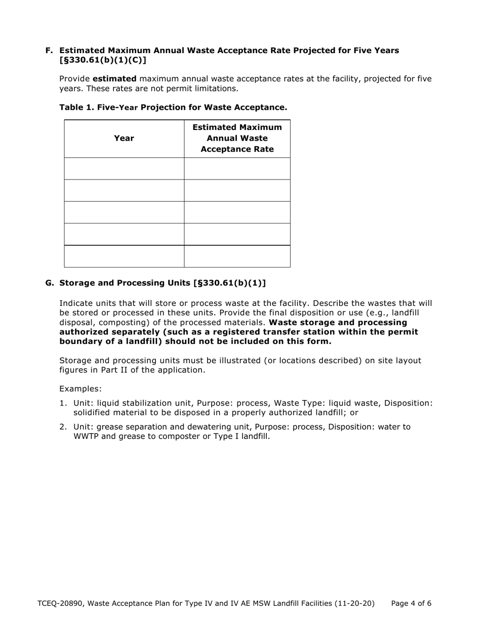 Form TCEQ-20890 Waste Acceptance Plan Form - Type IV  Type IV AE Landfill Facilities - Texas, Page 4