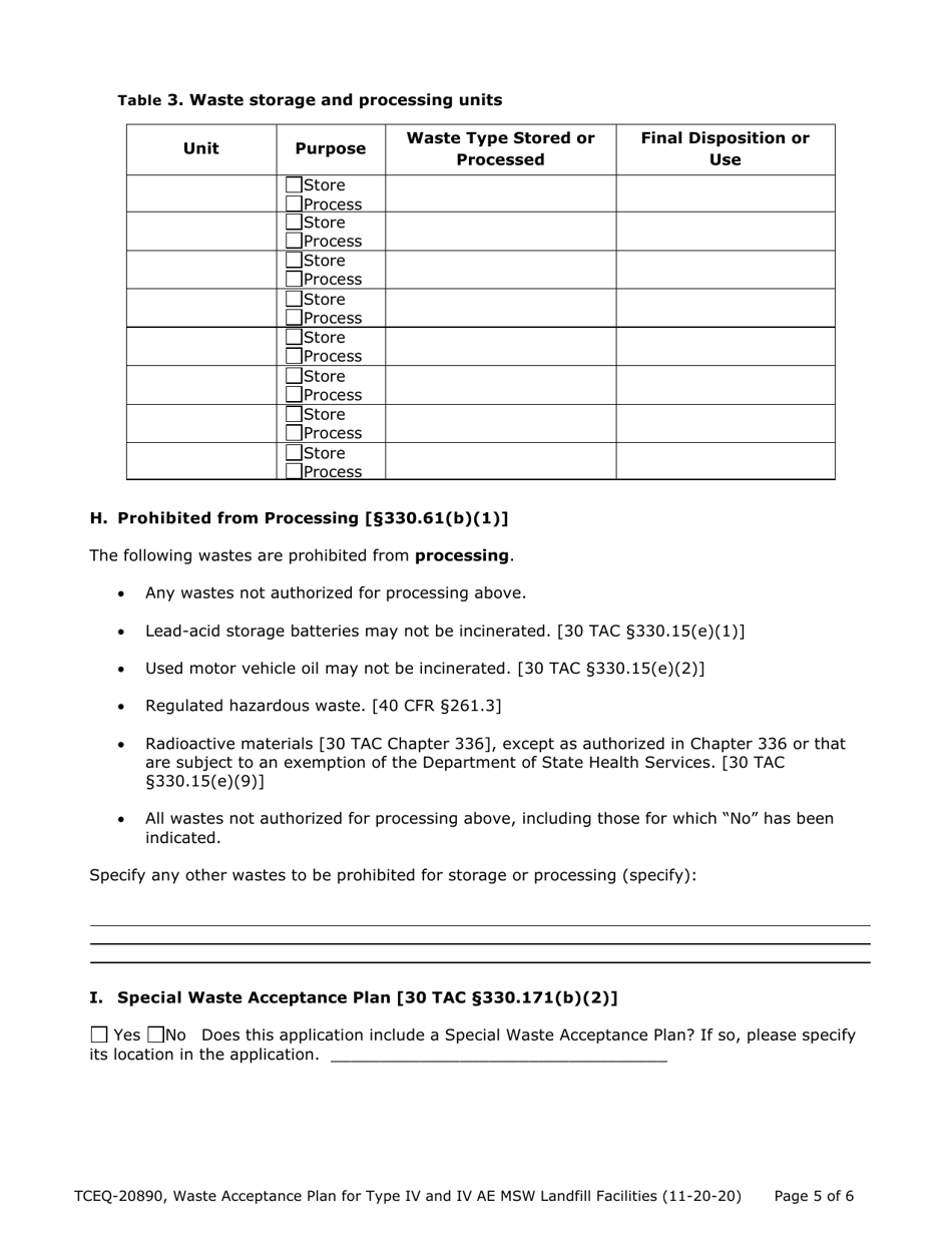 Form TCEQ-20890 Waste Acceptance Plan Form - Type IV  Type IV AE Landfill Facilities - Texas, Page 5