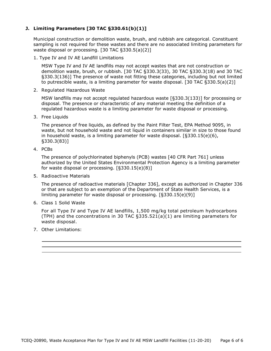Form TCEQ-20890 Waste Acceptance Plan Form - Type IV  Type IV AE Landfill Facilities - Texas, Page 6