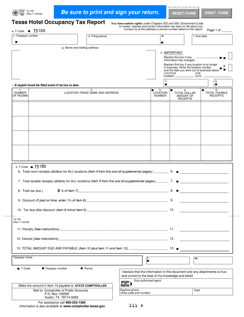 Form 12-100 Texas Hotel Occupancy Tax Report - Texas