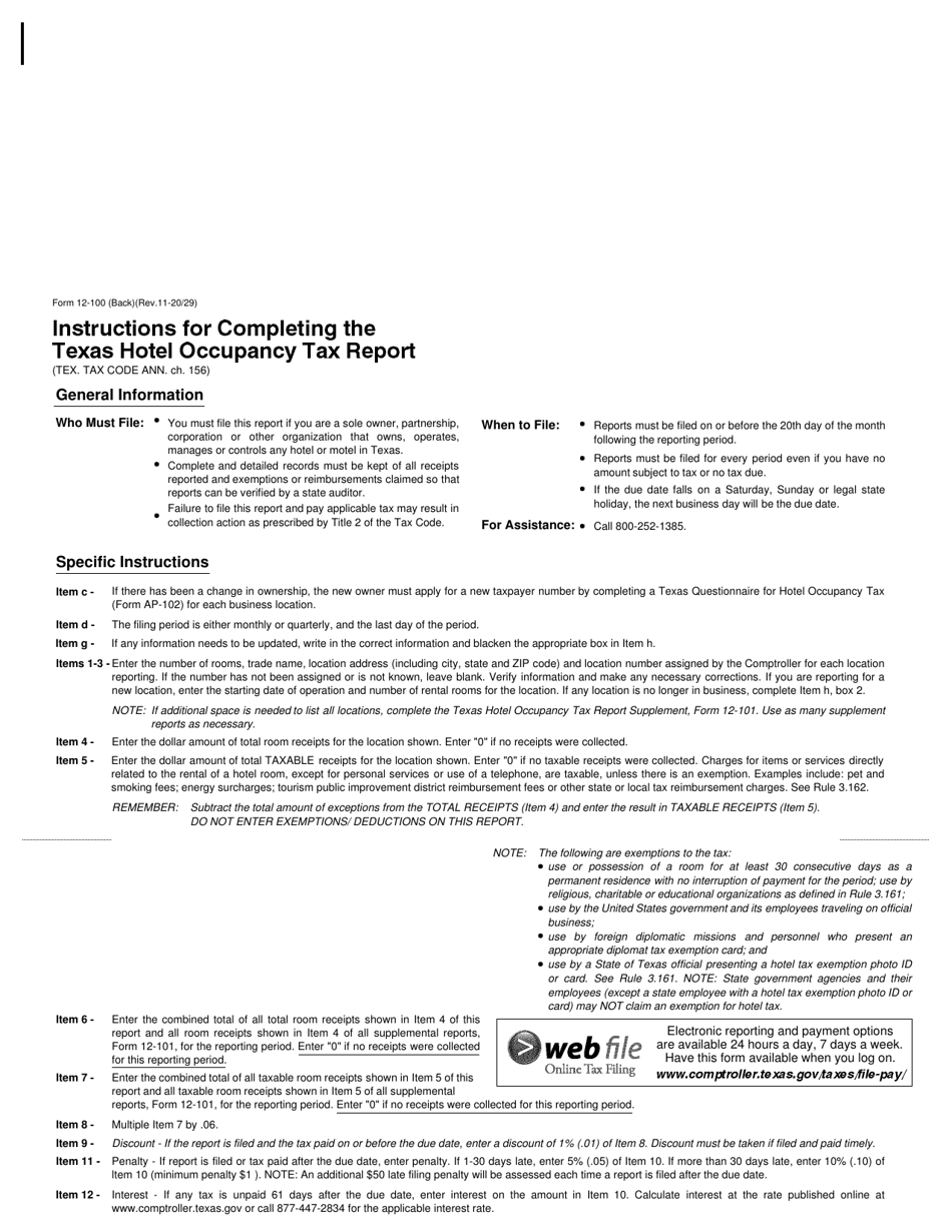 Form 12 100 Download Fillable Pdf Or Fill Online Texas Hotel Occupancy 8466