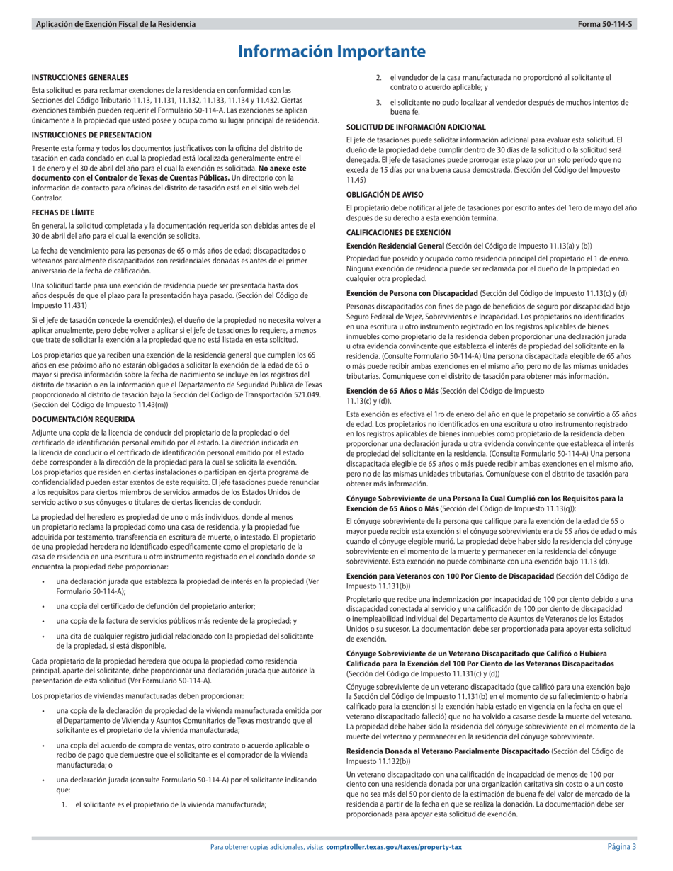 Formulario 50-114-S Aplicacion De Exencion Fiscal De La Residencia - Texas (Spanish), Page 3