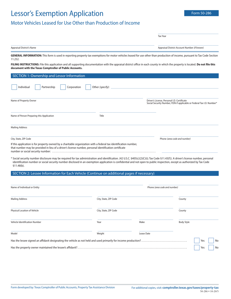 Form 50-286 Lessors Exemption Application - Motor Vehicles Leased for Use Other Than Production of Income - Texas, Page 1