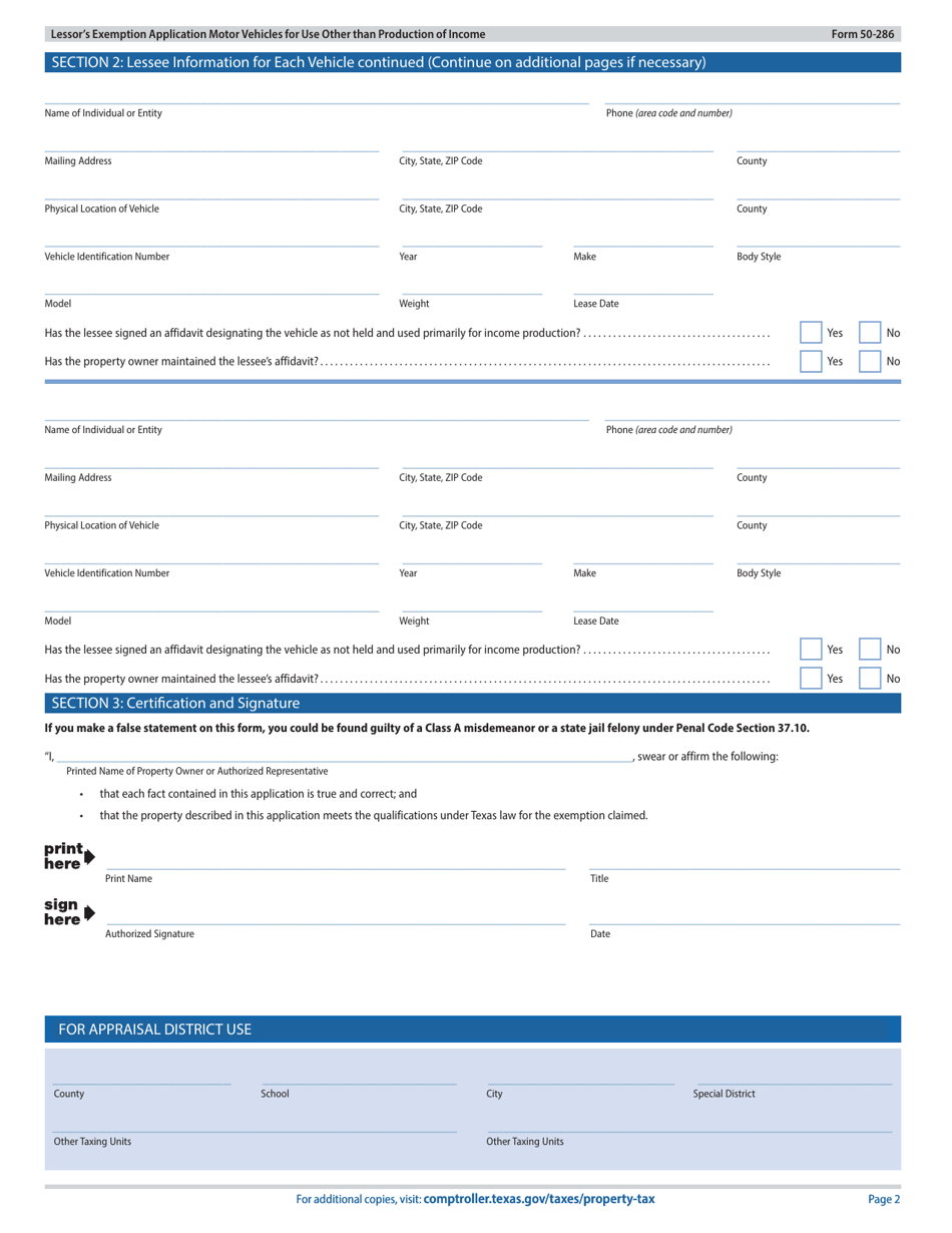 Form 50-286 Lessors Exemption Application - Motor Vehicles Leased for Use Other Than Production of Income - Texas, Page 2