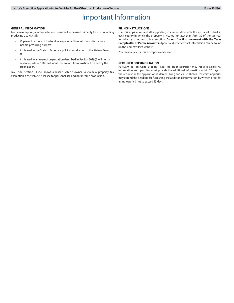 Form 50-286 Lessors Exemption Application - Motor Vehicles Leased for Use Other Than Production of Income - Texas, Page 3