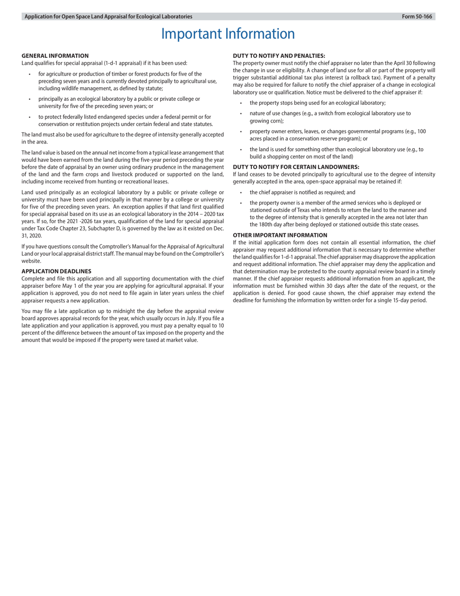 Form 50-166 Application for Open-Space Land Appraisal for Ecological Laboratories - Texas, Page 3