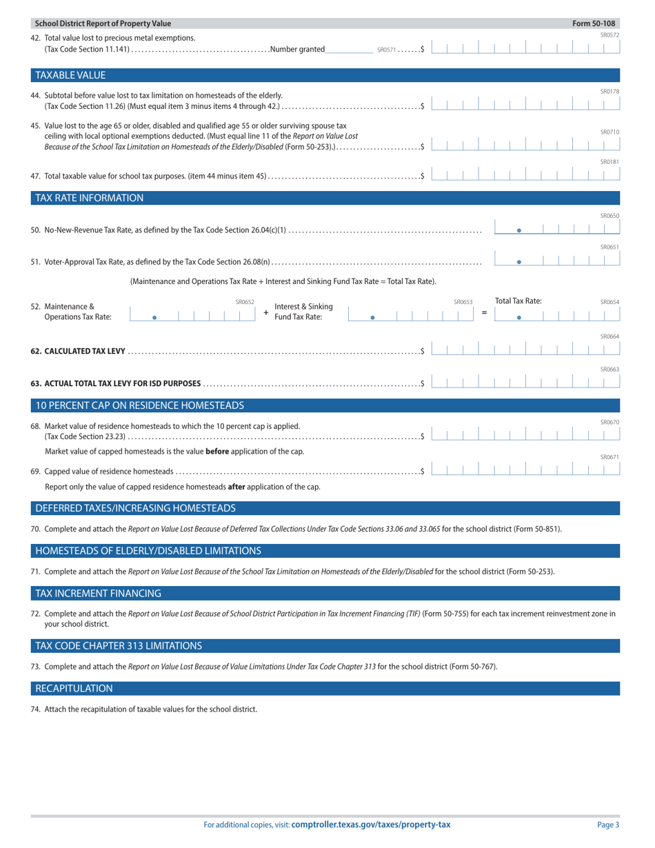 Form 50-108 School District Report of Property Value - Texas, Page 3
