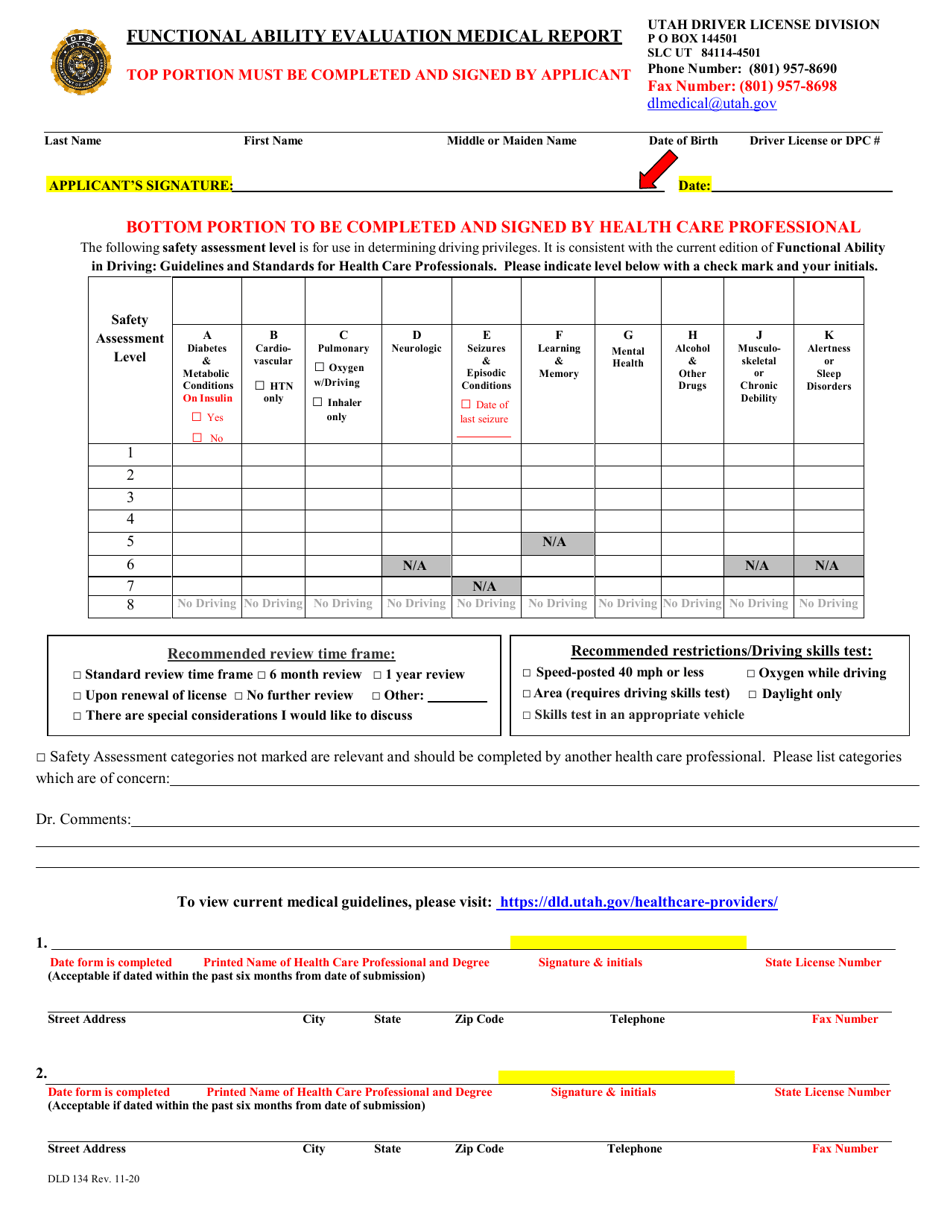 Form DLD134 Functional Ability Evaluation Medical Report - Utah, Page 1