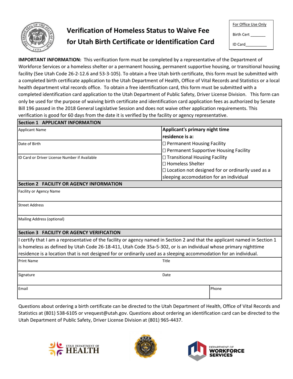 Verification of Homeless Status to Waive Fee for Utah Birth Certificate or Identification Card - Utah, Page 1