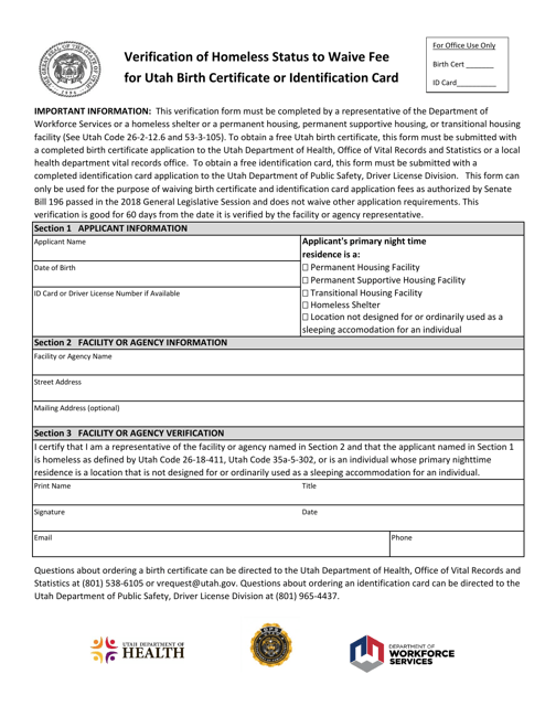 Verification of Homeless Status to Waive Fee for Utah Birth Certificate or Identification Card - Utah Download Pdf