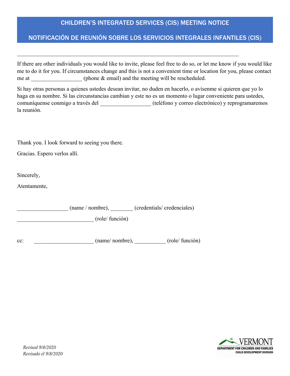 Childrens Integrated Services (Cis) Meeting Notice - Vermont (English / Spanish), Page 2