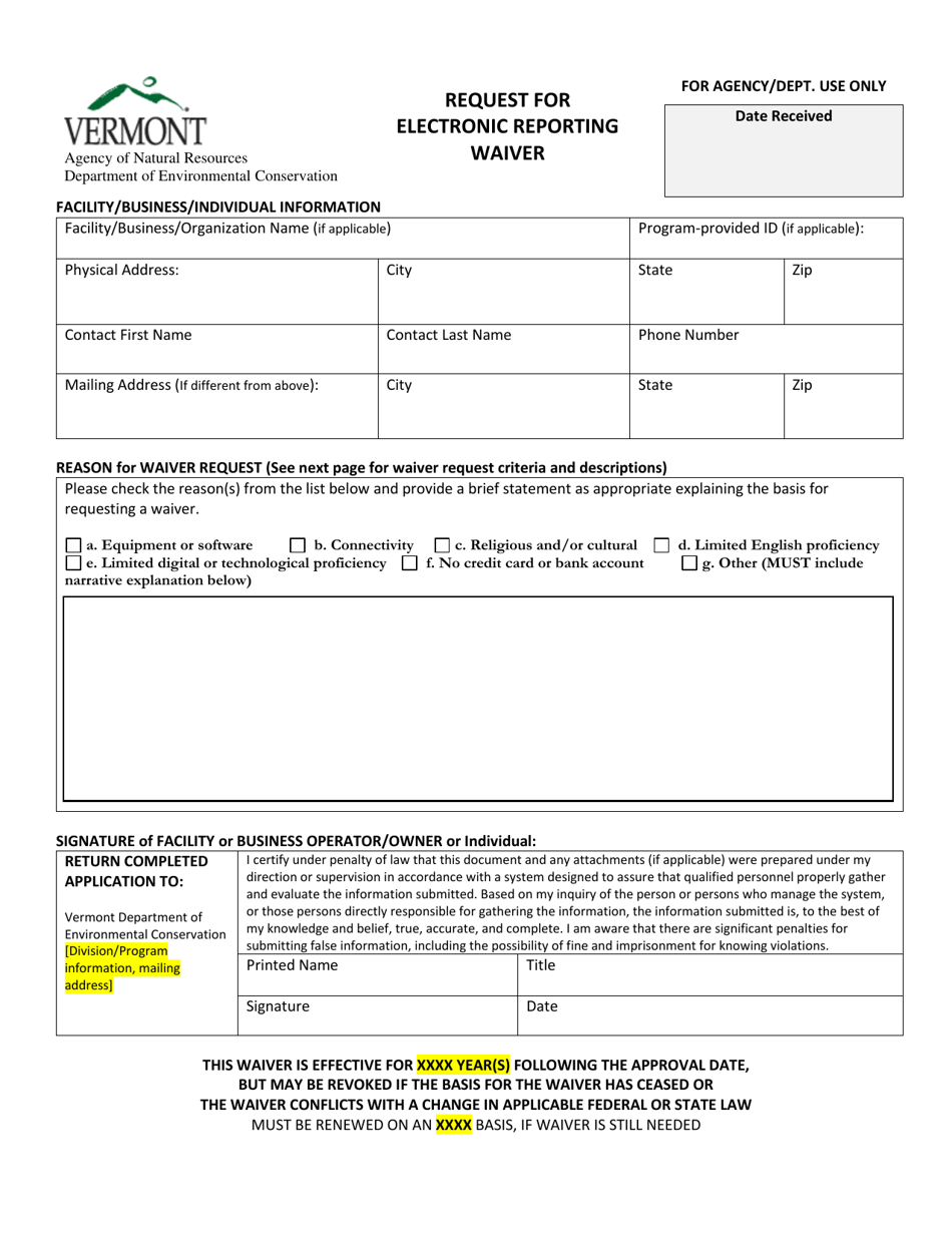 Request for Electronic Reporting Waiver - Vermont, Page 1