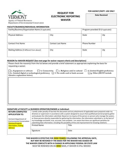 Request for Electronic Reporting Waiver - Vermont Download Pdf