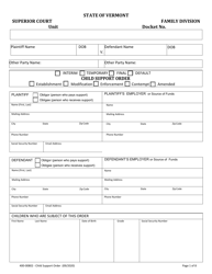 Form 400-00802 Child Support Order - Vermont