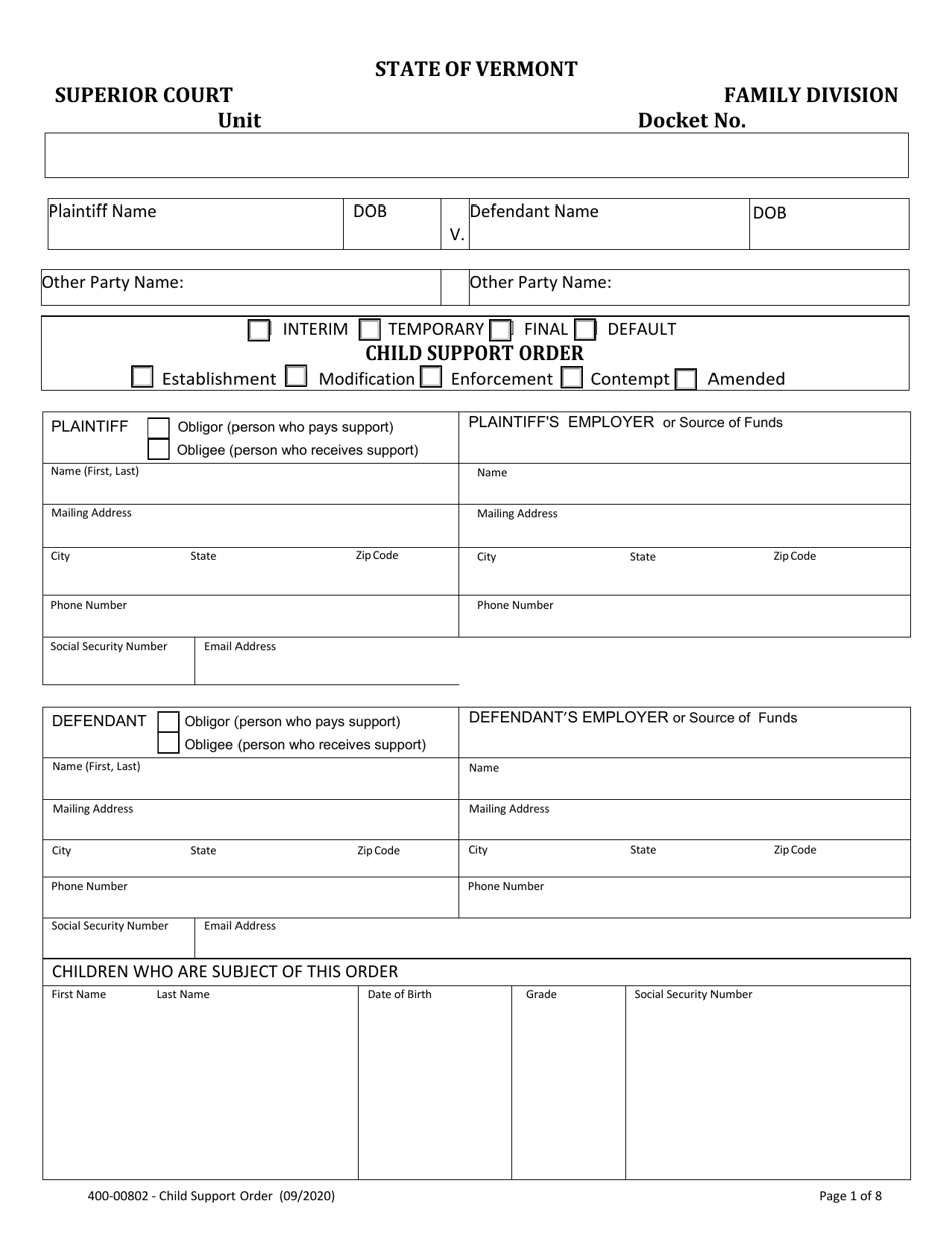 Form 400-00802 Child Support Order - Vermont, Page 1