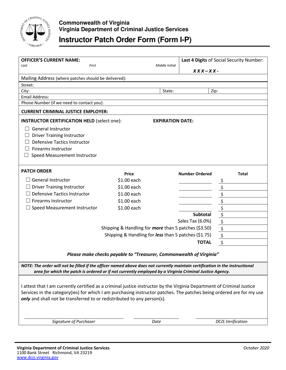 Form I-P Instructor Patch Order Form - Virginia, Page 1