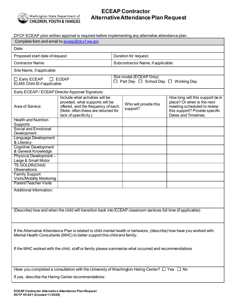 DCYF Form 05-021 Eceap Contractor Alternative Attendance Plan Request - Washington, Page 1