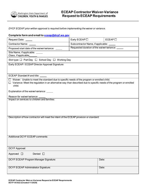 DCYF Form 05-022 Eceap Contractor Waiver-Variance Request to Eceap Requirements - Washington