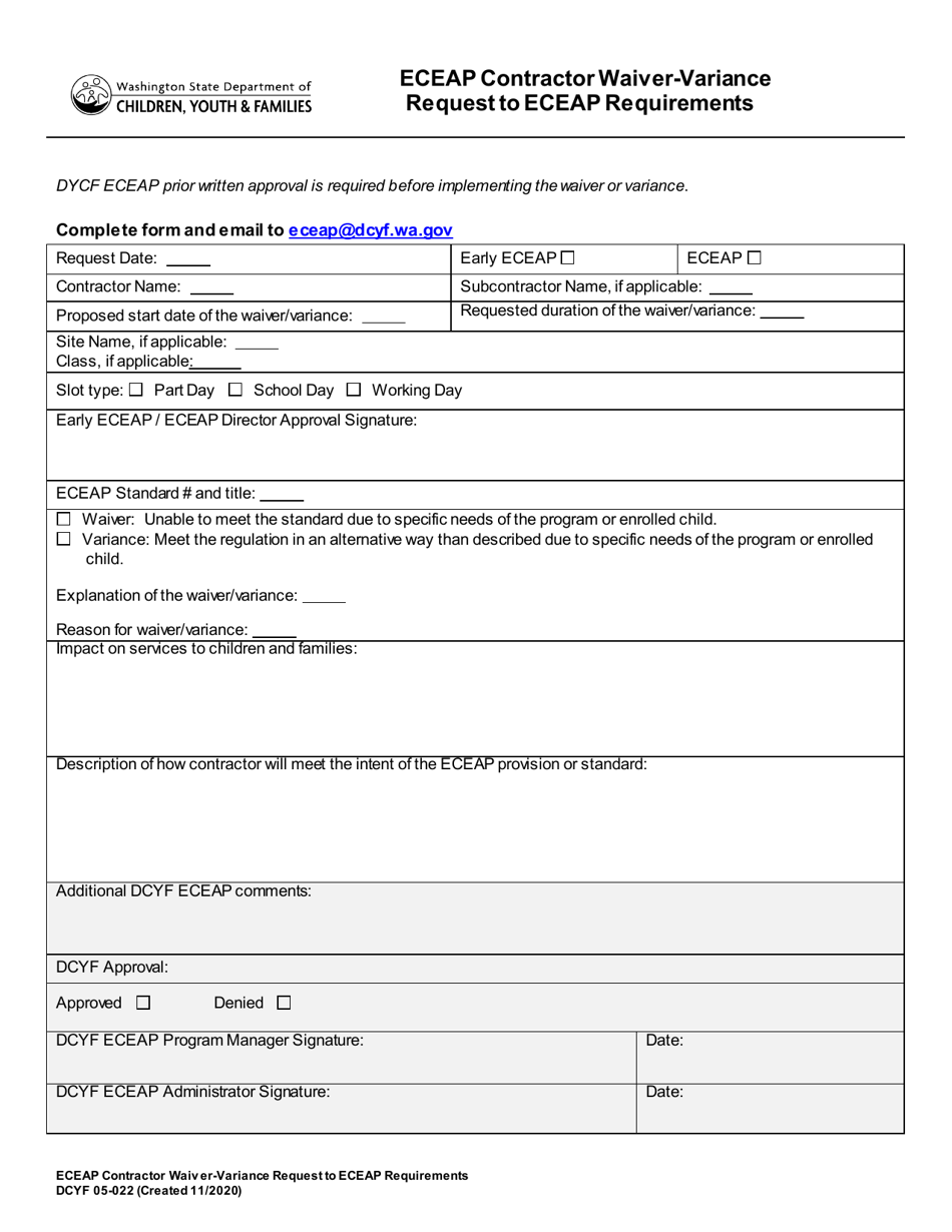 DCYF Form 05-022 Eceap Contractor Waiver-Variance Request to Eceap Requirements - Washington, Page 1