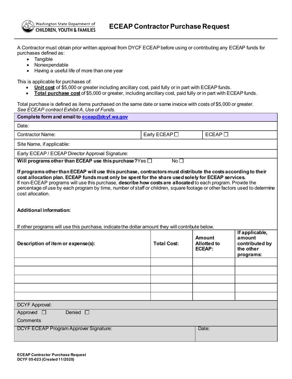 DCYF Form 05-023 Eceap Contractor Purchase Request - Washington, Page 1