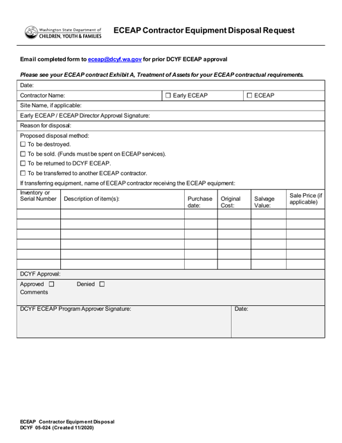 DCYF Form 05-024 Eceap Contractor Equipment Disposal Request - Washington