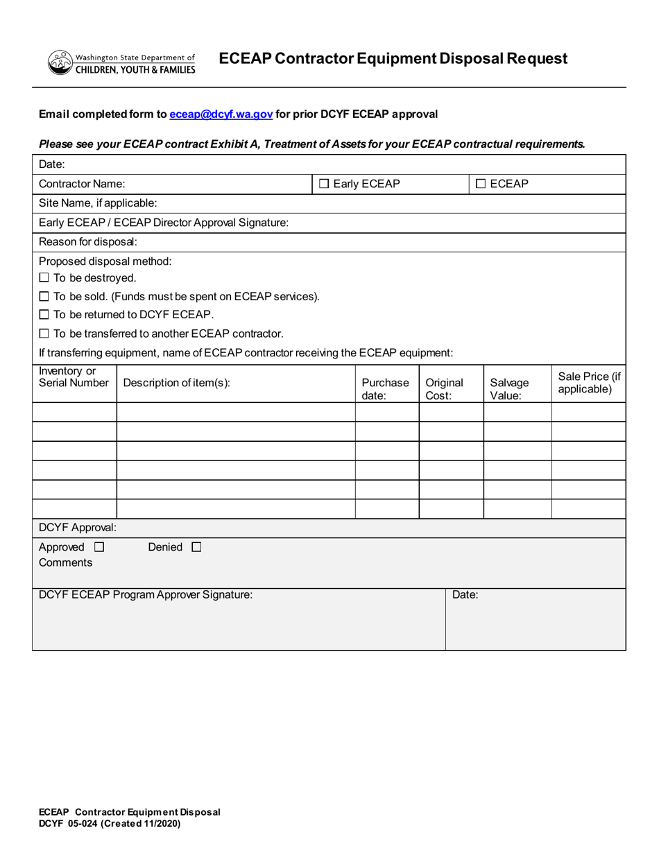 DCYF Form 05-024 Eceap Contractor Equipment Disposal Request - Washington, Page 1