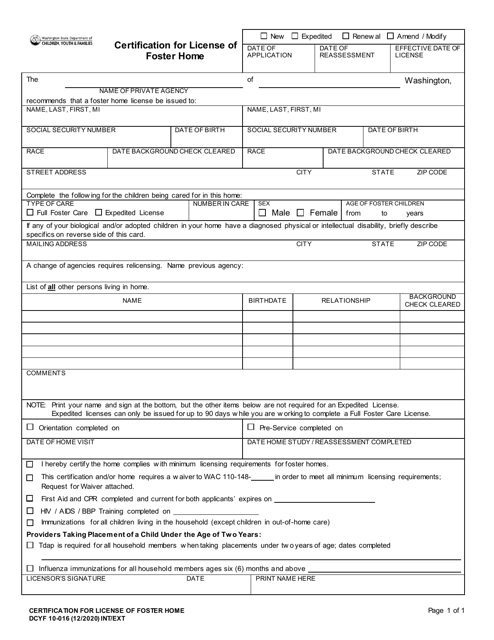 DCYF Form 10-016 Certification for License of Foster Home - Washington