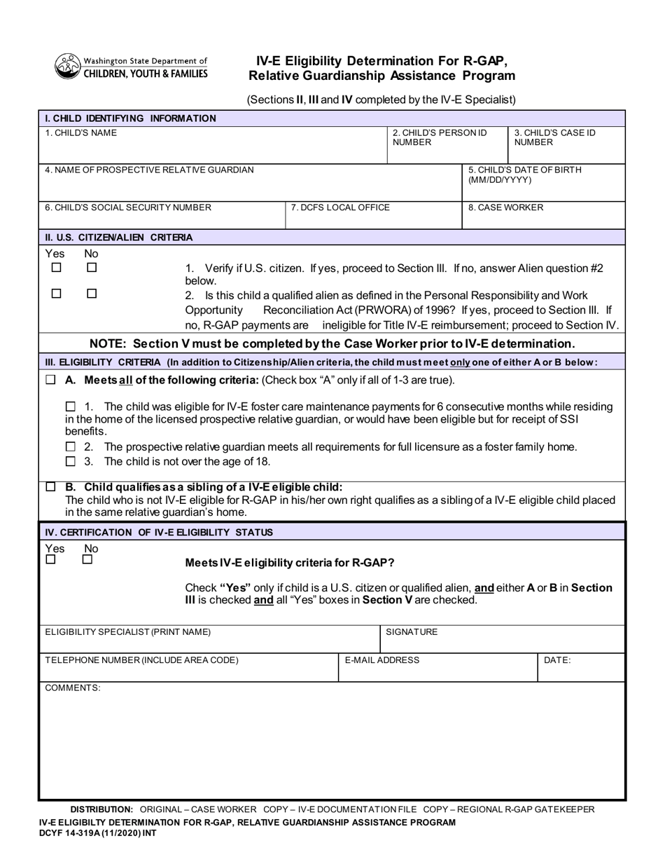 DCYF Form 14-319A IV-E Eligibility Determination for R-Gap, Relative Guardianship Assistance Program - Washington, Page 1