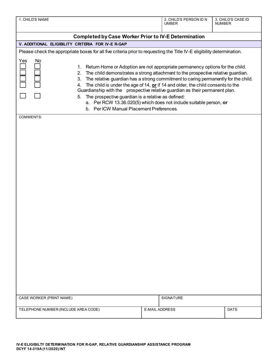 DCYF Form 14-319A IV-E Eligibility Determination for R-Gap, Relative Guardianship Assistance Program - Washington, Page 2