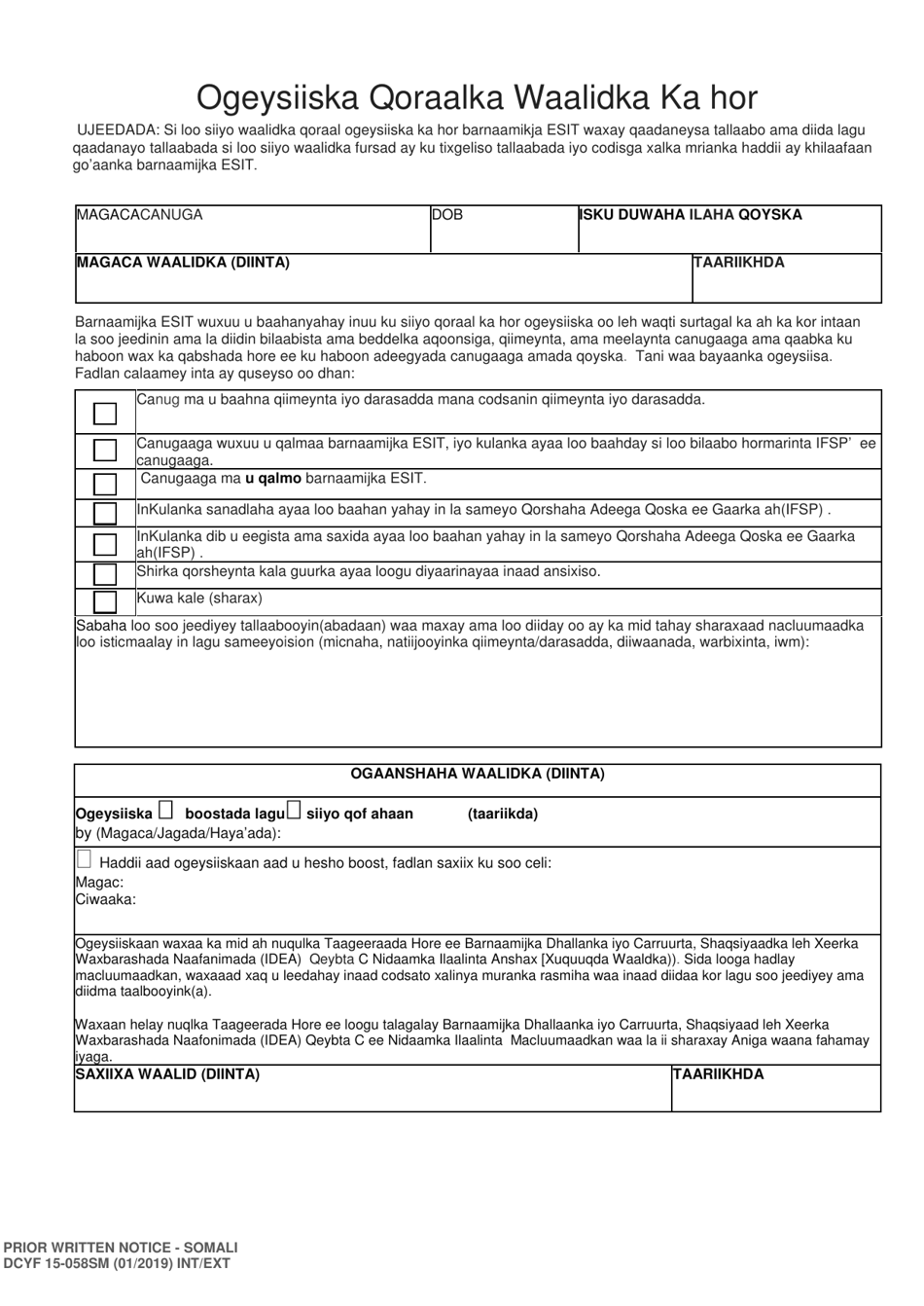 DCYF Form 15-058 Parent Prior Written Notice - Washington (Somali), Page 1