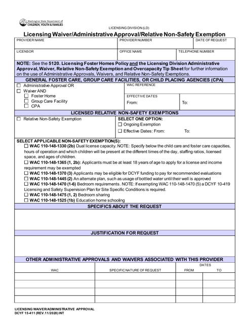 DCYF Form 15-411 Licensing Waiver/Administrative Approval/Relative Non-safety Exemption - Washington