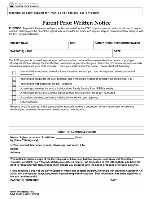 DCYF Form 15-058 Parent Prior Written Notice - Washington