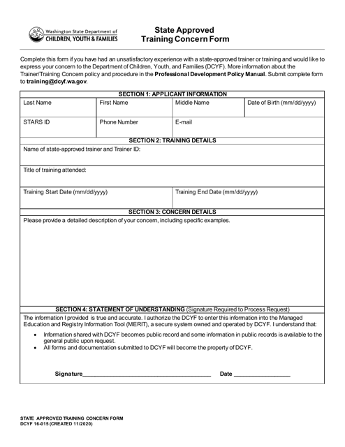 DCYF Form 16-015 State Approved Training Concern Form - Washington