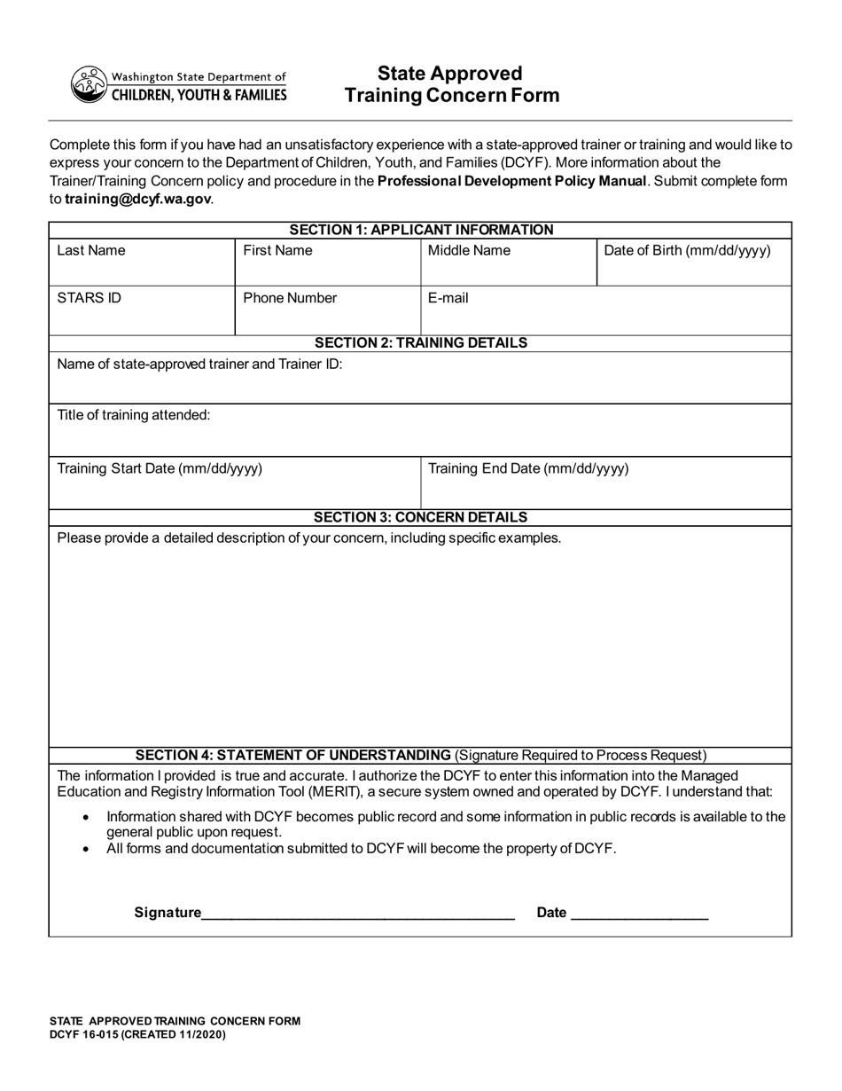DCYF Form 16-015 State Approved Training Concern Form - Washington, Page 1