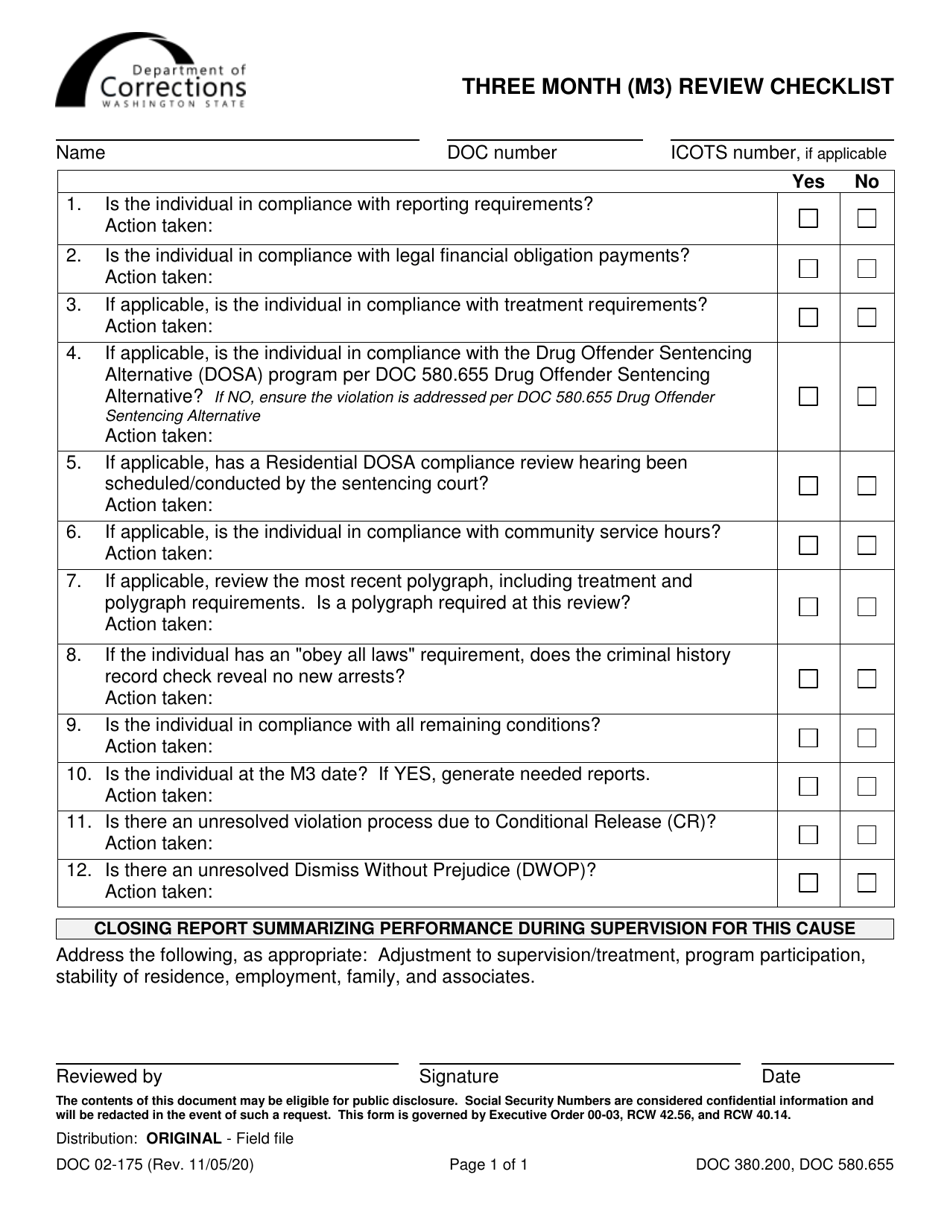 Form DOC02-175 Three Month (M3) Review Checklist - Washington, Page 1