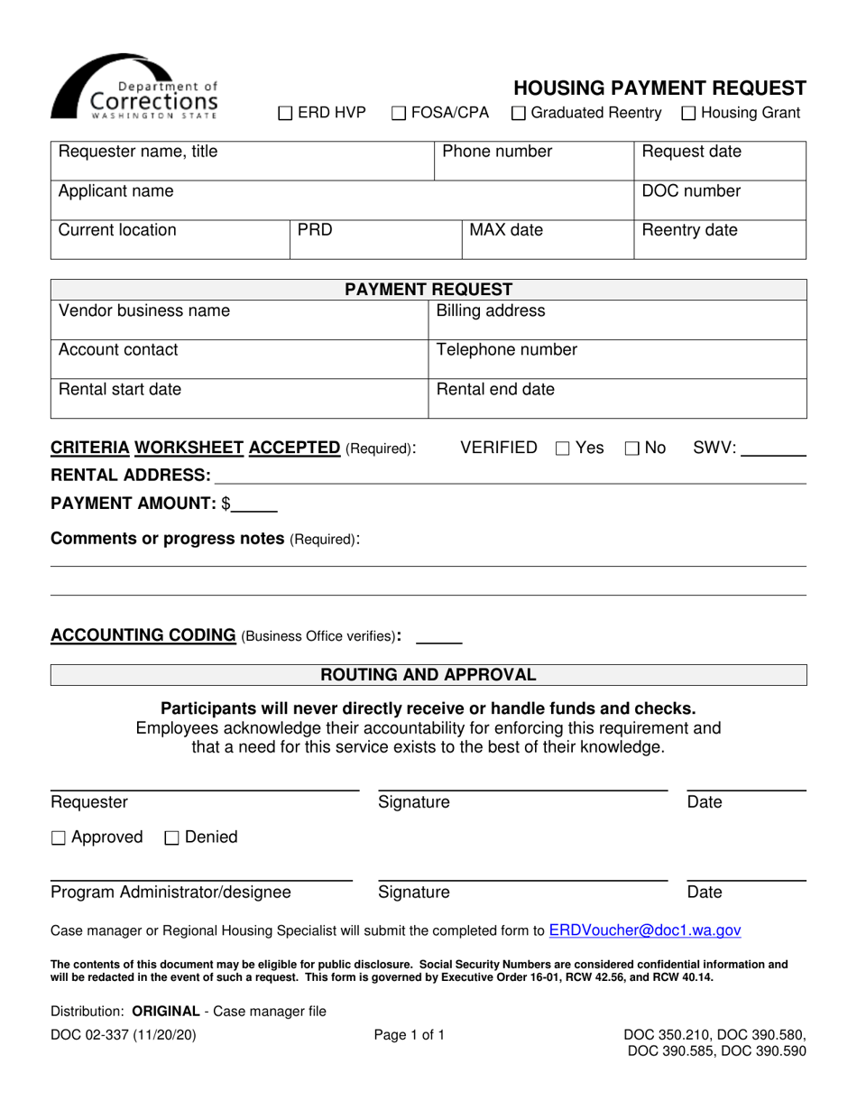 Form DOC02-337 Housing Payment Request - Washington, Page 1