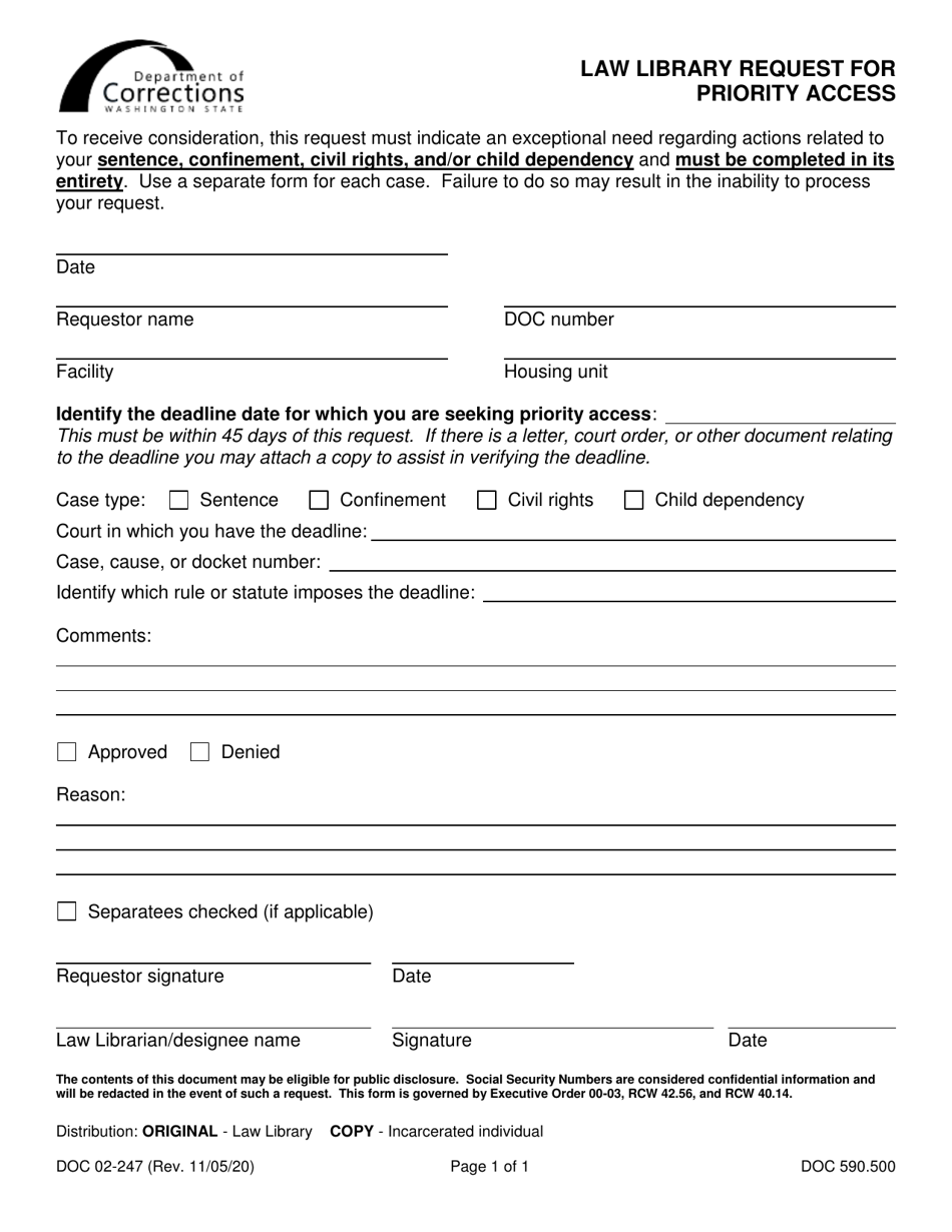 Form DOC02-247 Law Library Request for Priority Access - Washington, Page 1